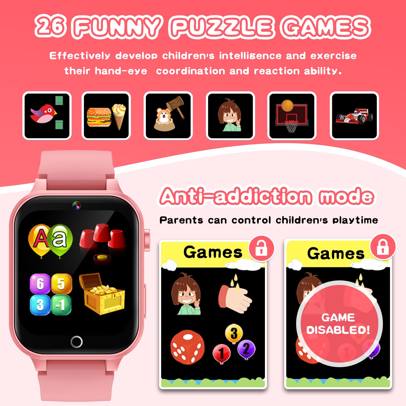 Kids Smart Watches Girls Age 6-12, 26 Games Touchscreen Kids Watch With Video Camera Music Player Learning Cards Audiostory Flas